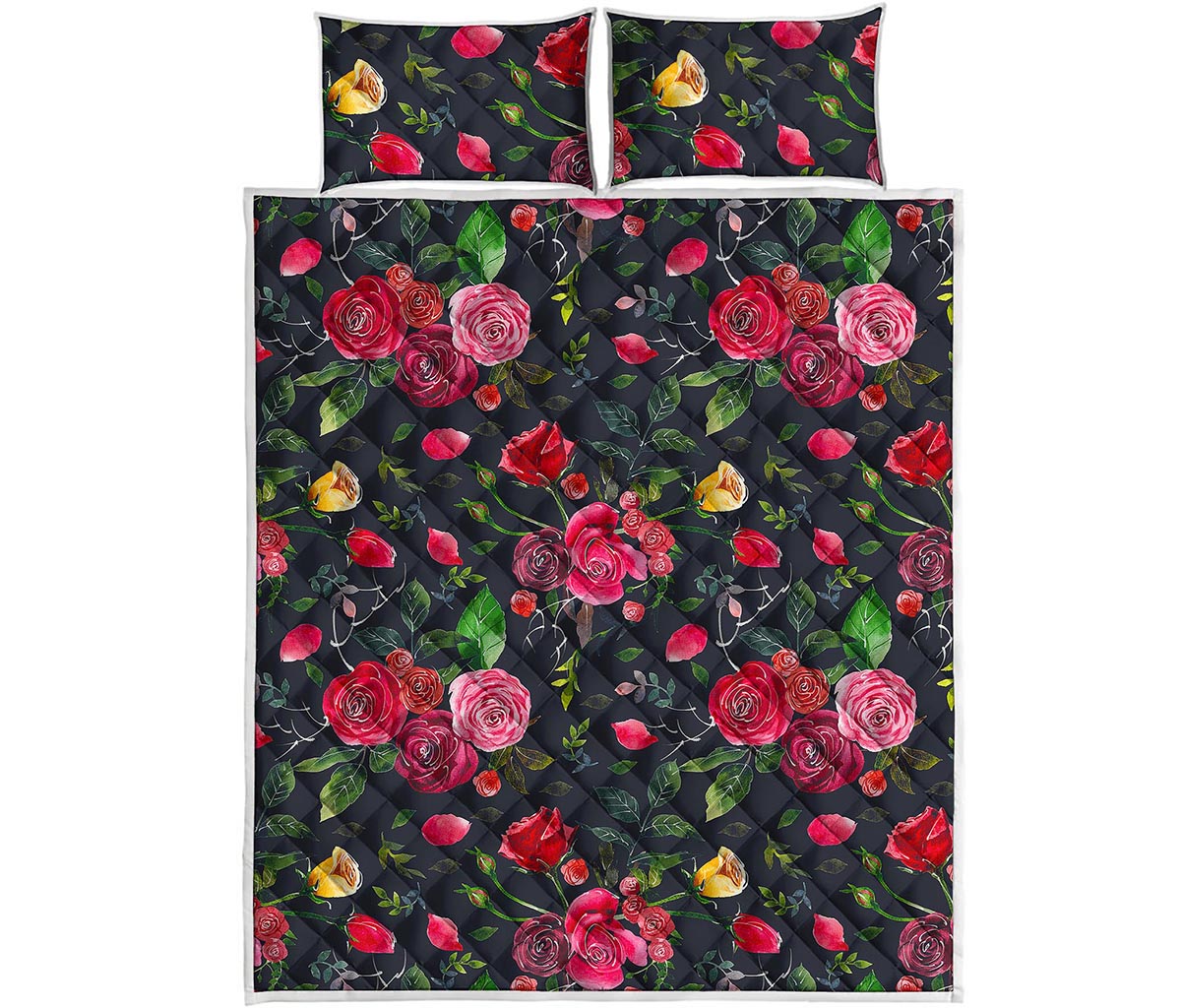 Roses Floral Flower Pattern Print Quilt Bed Set