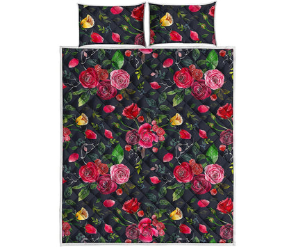 Roses Floral Flower Pattern Print Quilt Bed Set