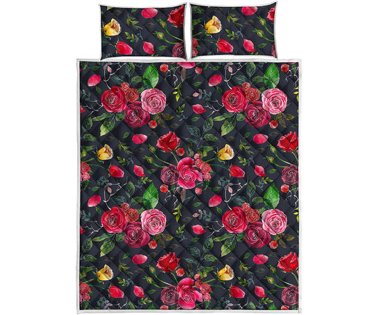 Roses Floral Flower Pattern Print Quilt Bed Set