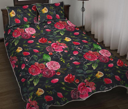 Roses Floral Flower Pattern Print Quilt Bed Set