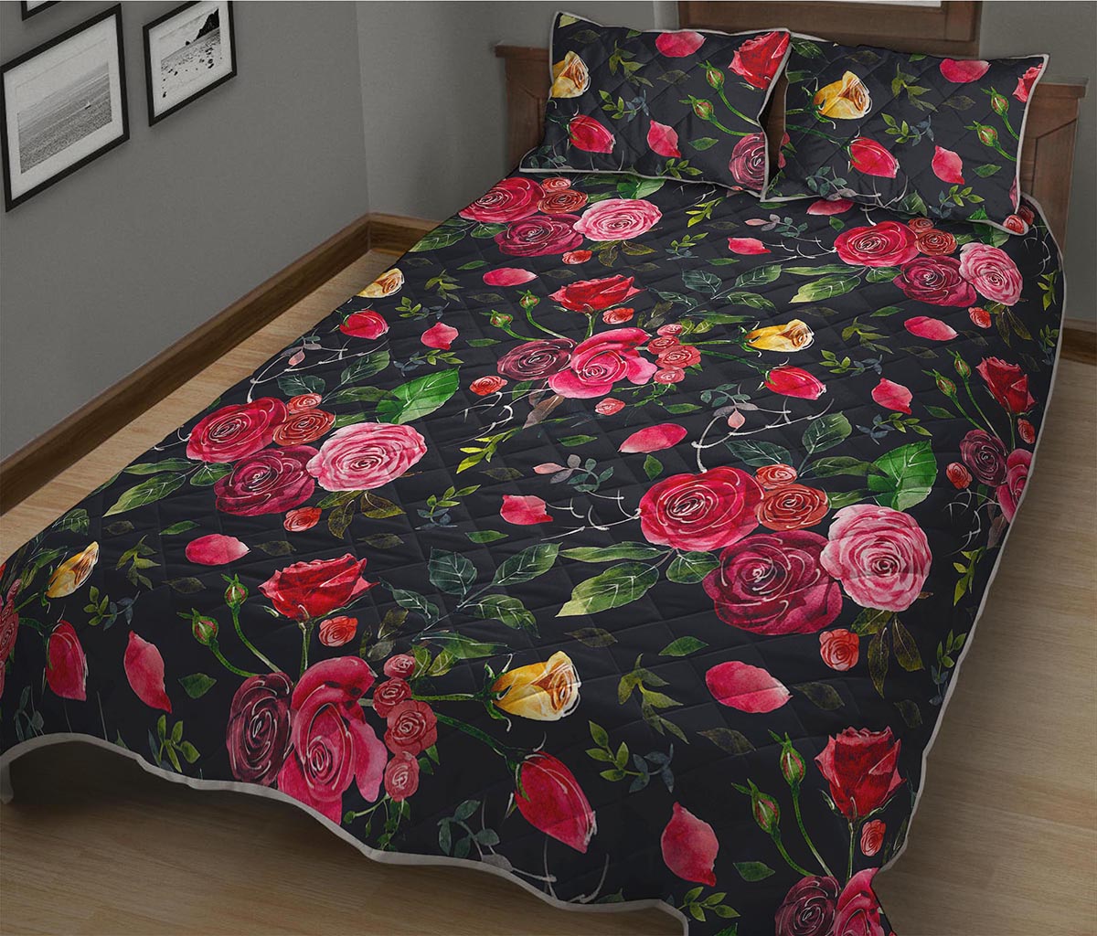 Roses Floral Flower Pattern Print Quilt Bed Set
