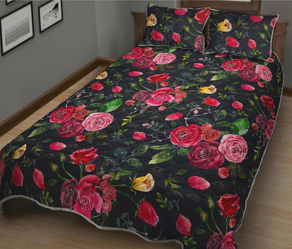 Roses Floral Flower Pattern Print Quilt Bed Set