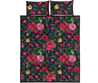 Roses Floral Flower Pattern Print Quilt Bed Set