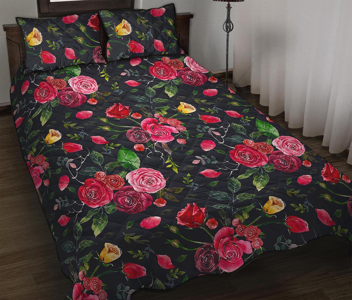Roses Floral Flower Pattern Print Quilt Bed Set