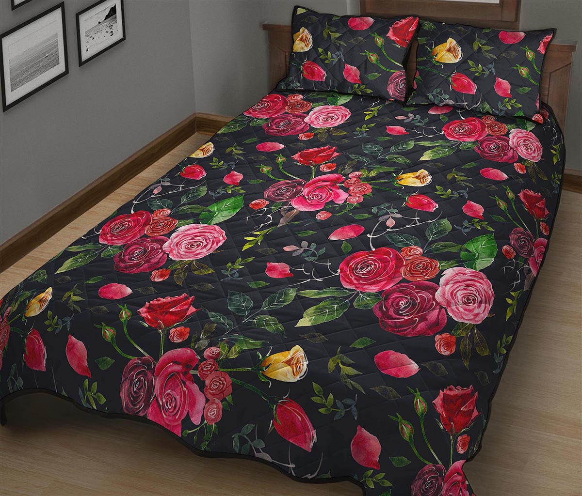 Roses Floral Flower Pattern Print Quilt Bed Set