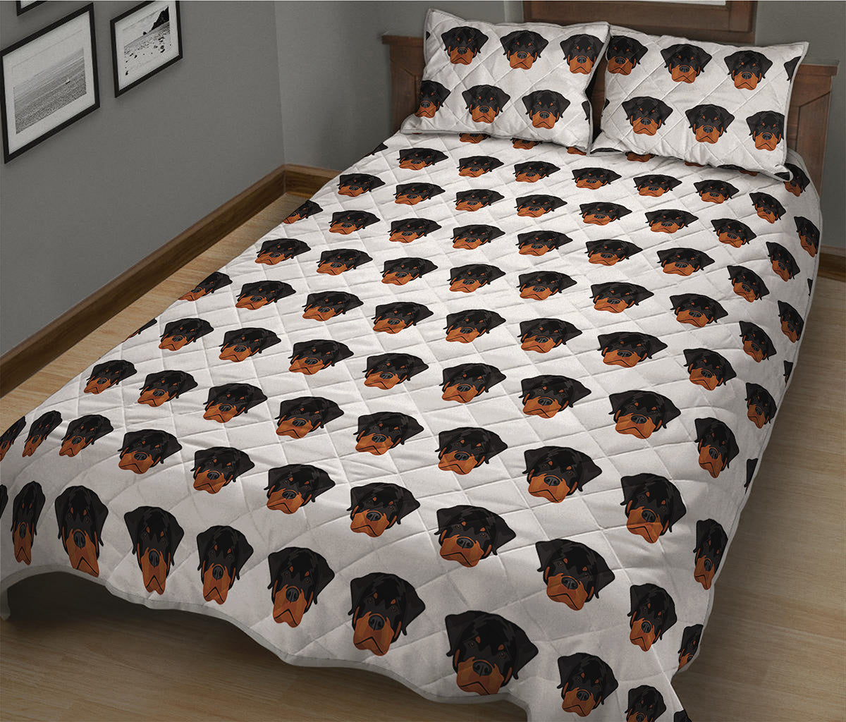 Rottweiler Face Pattern Print Quilt Bed Set