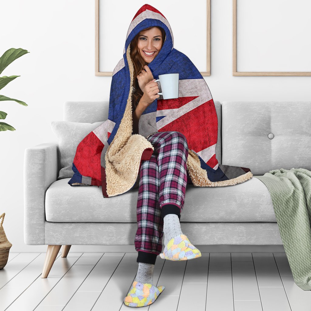 Rough Union Jack British Flag Print Hooded Blanket GearFrost