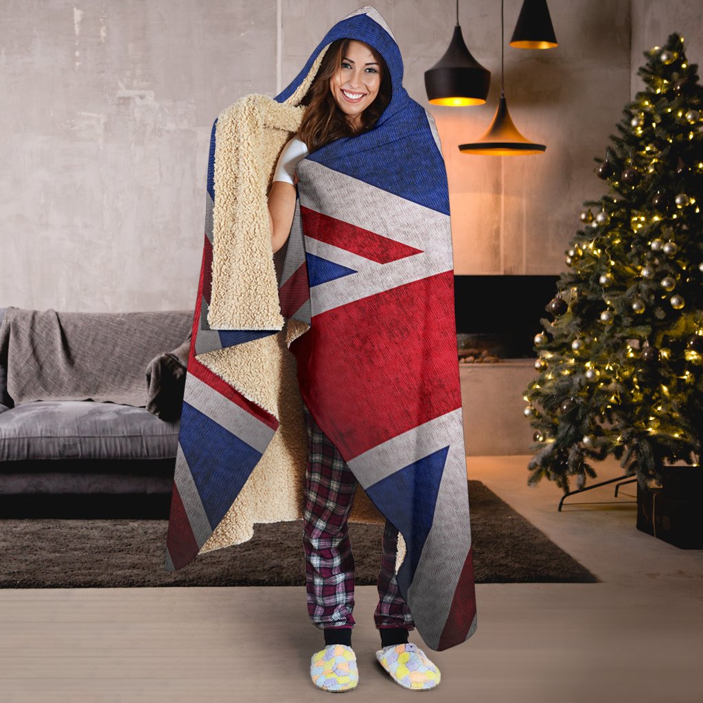 Rough Union Jack British Flag Print Hooded Blanket GearFrost