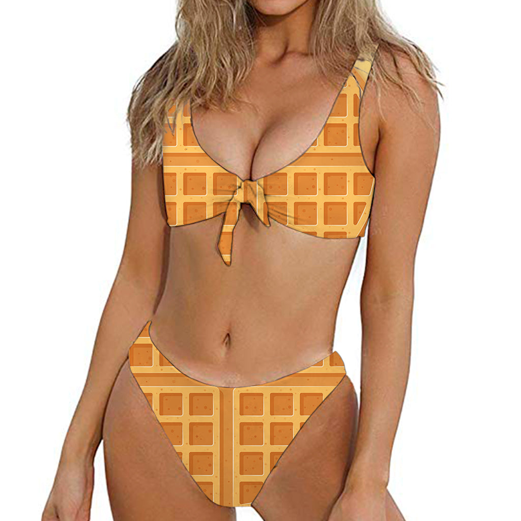 Round Waffle Print Front Bow Tie Bikini