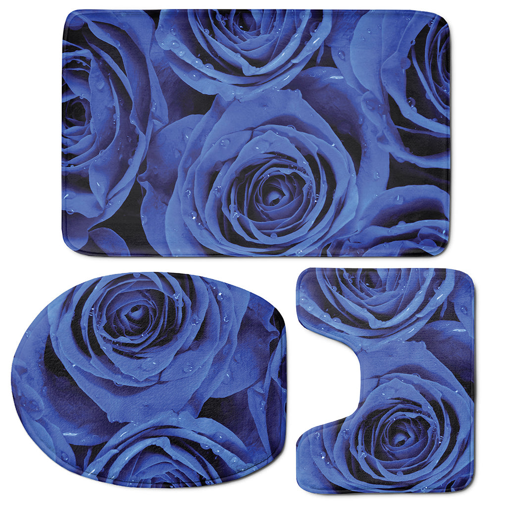 Royal Blue Rose Print 3 Piece Bath Mat Set