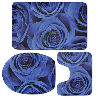 Royal Blue Rose Print 3 Piece Bath Mat Set