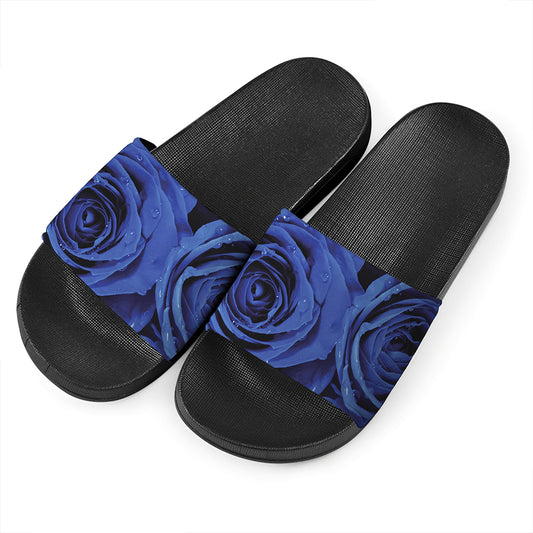 Royal Blue Rose Print Black Slide Sandals