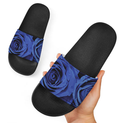 Royal Blue Rose Print Black Slide Sandals