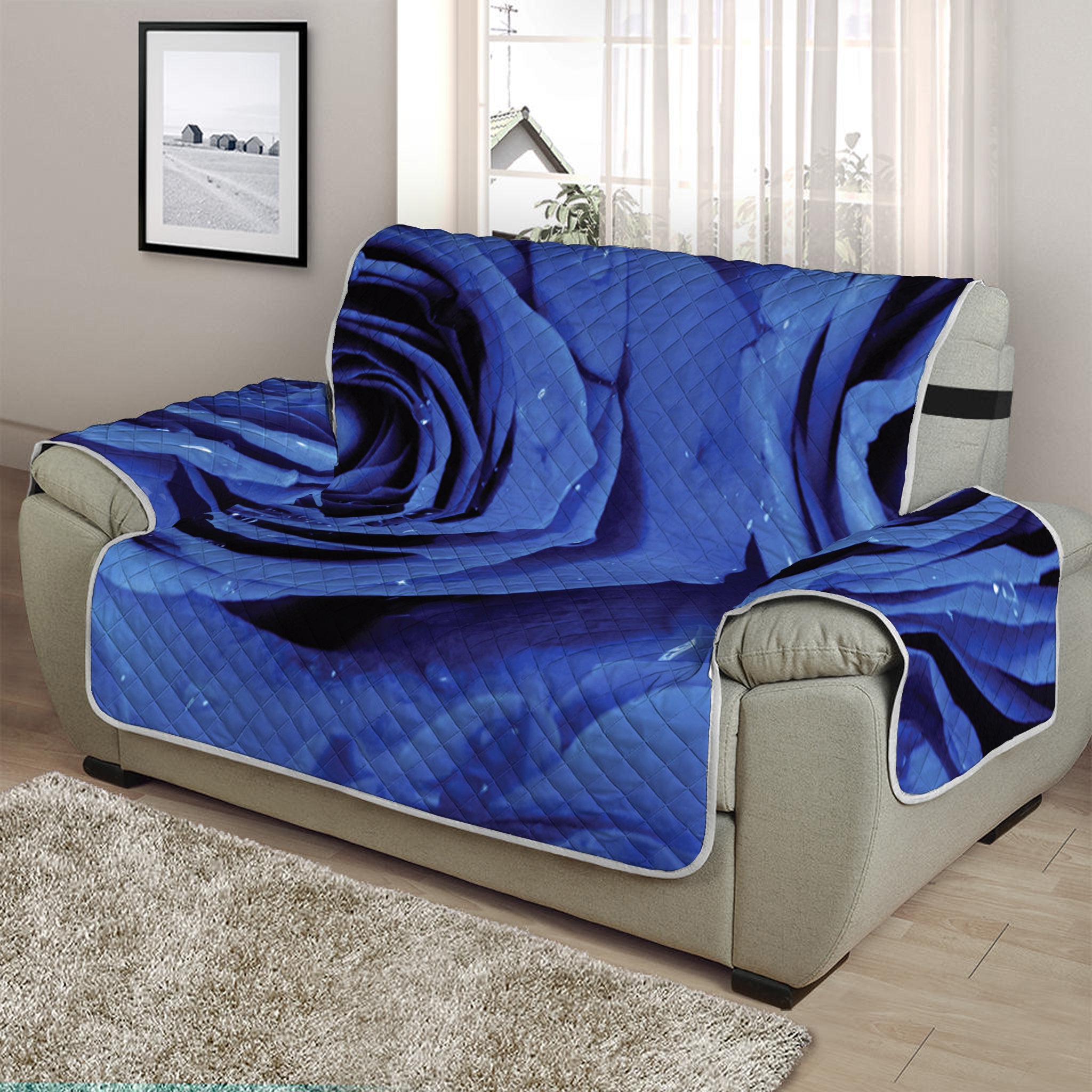 Royal Blue Rose Print Half Sofa Protector