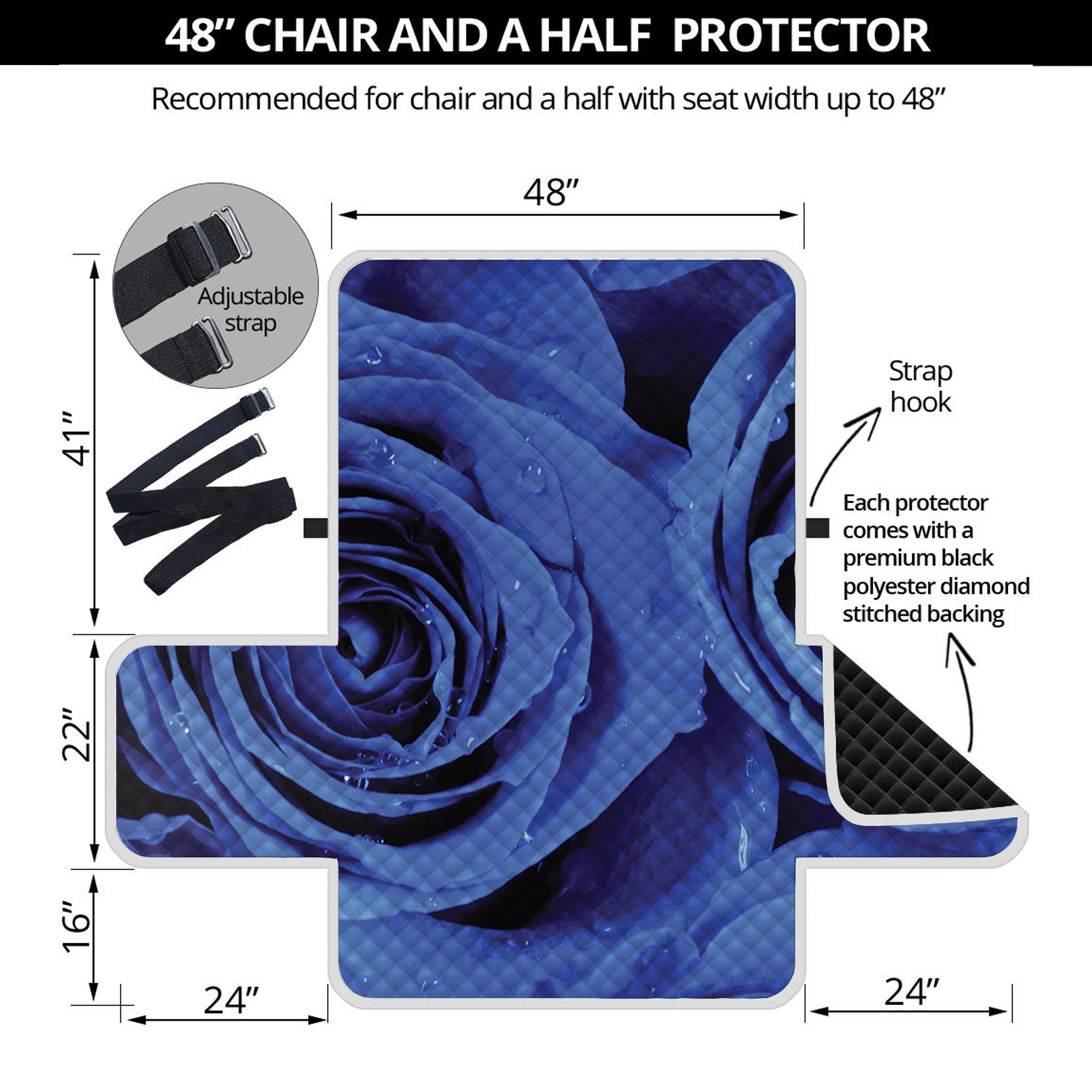 Royal Blue Rose Print Half Sofa Protector