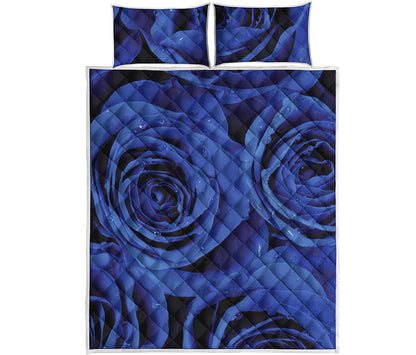Royal Blue Rose Print Quilt Bed Set