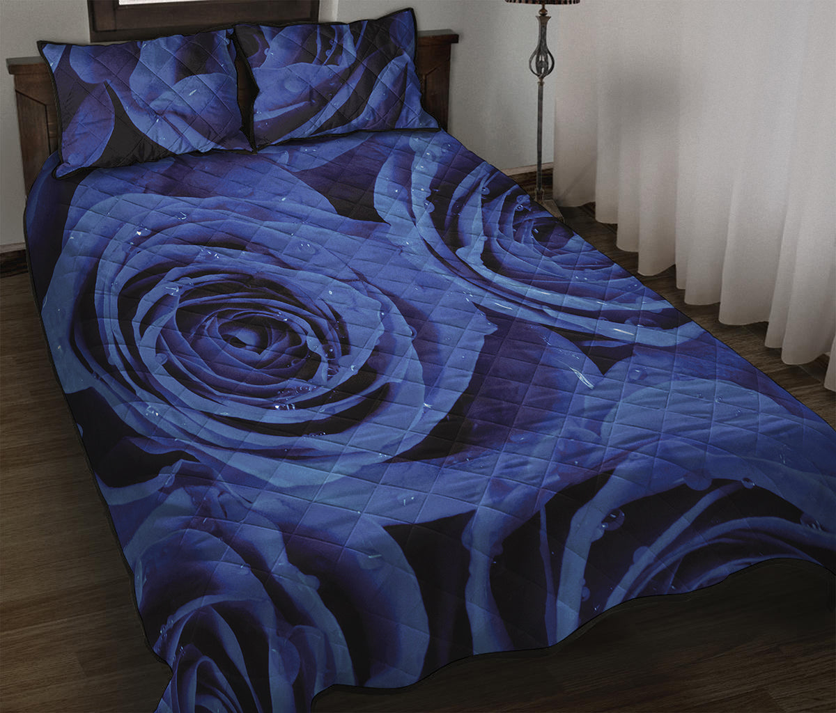 Royal Blue Rose Print Quilt Bed Set
