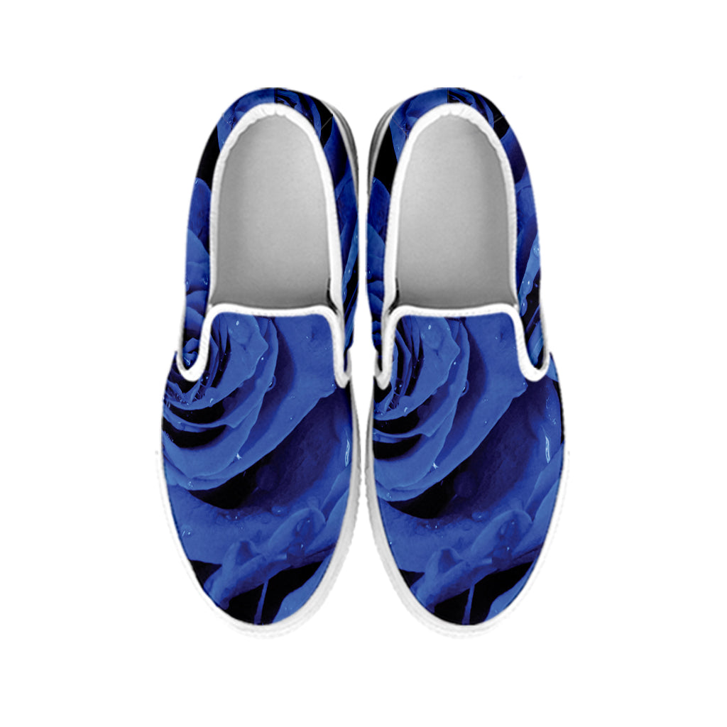 Royal Blue Rose Print White Slip On Shoes
