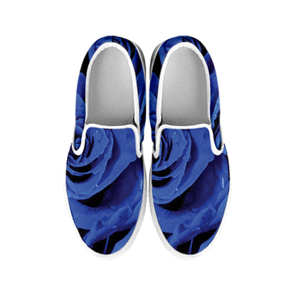 Royal Blue Rose Print White Slip On Shoes