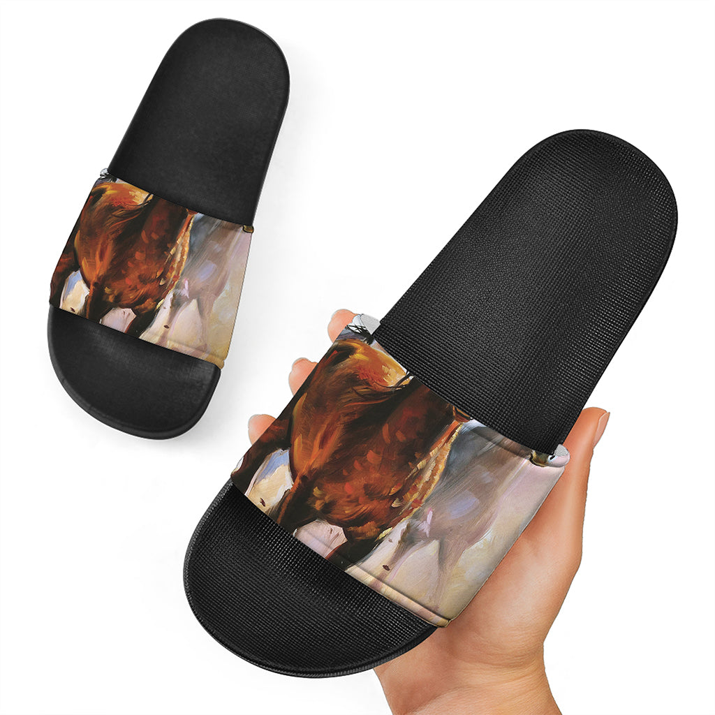 Running Horses Painting Print Black Slide Sandals