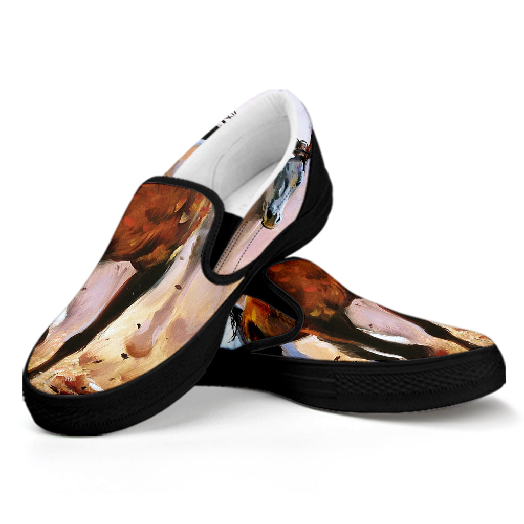 Running Horses Painting Print Black Slip On Shoes