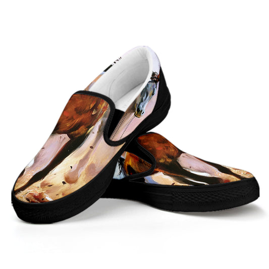 Running Horses Painting Print Black Slip On Shoes