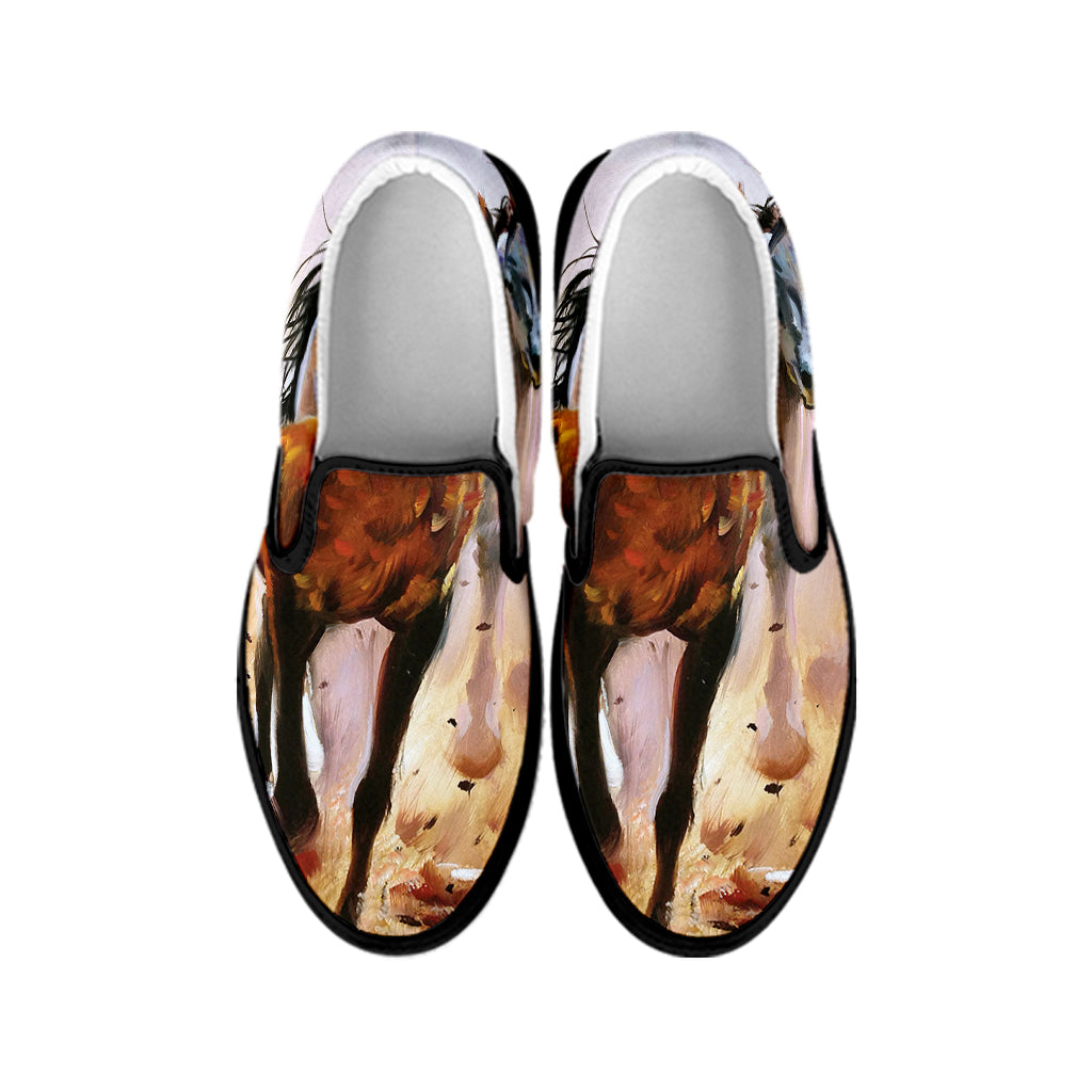 Running Horses Painting Print Black Slip On Shoes