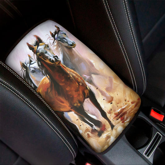 Running Horses Painting Print Car Center Console Cover
