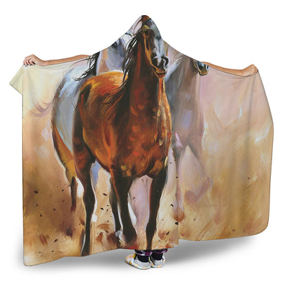Running Horses Painting Print Hooded Blanket