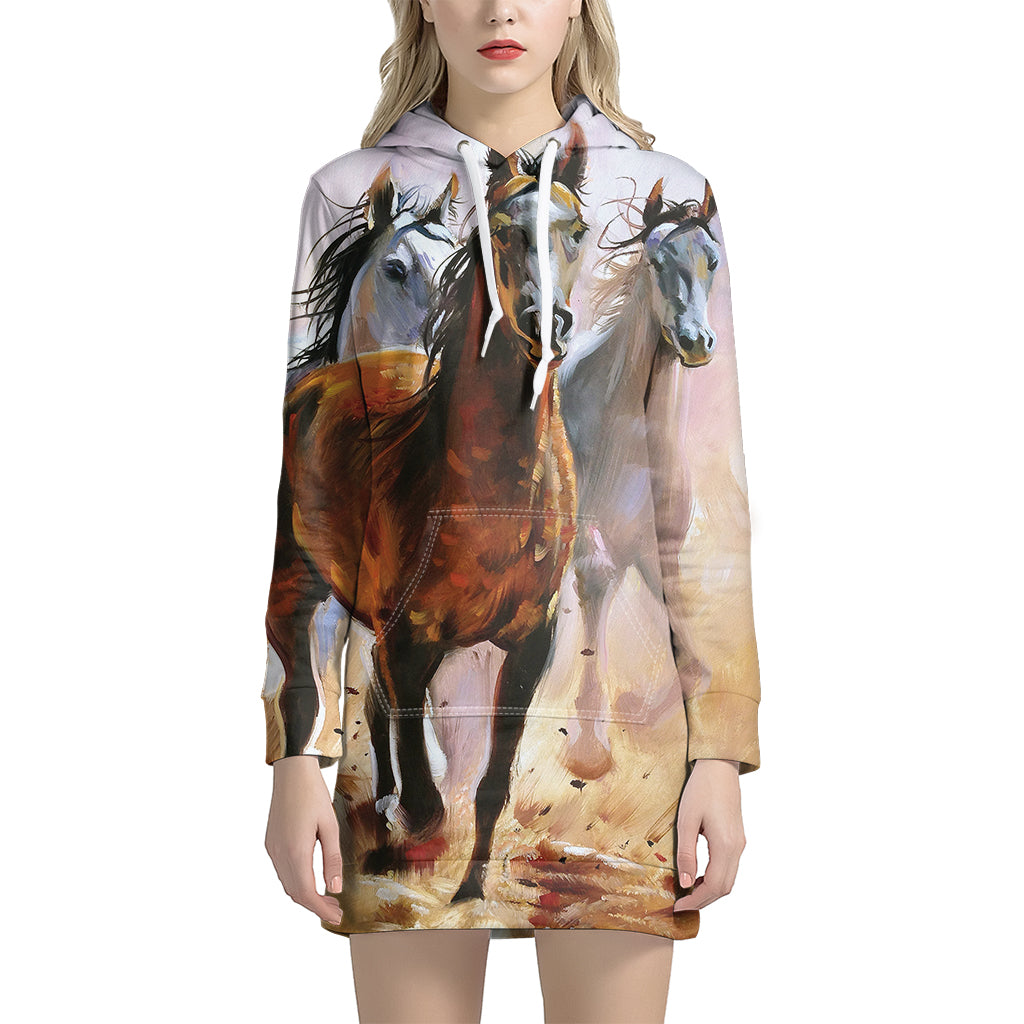 Running Horses Painting Print Pullover Hoodie Dress
