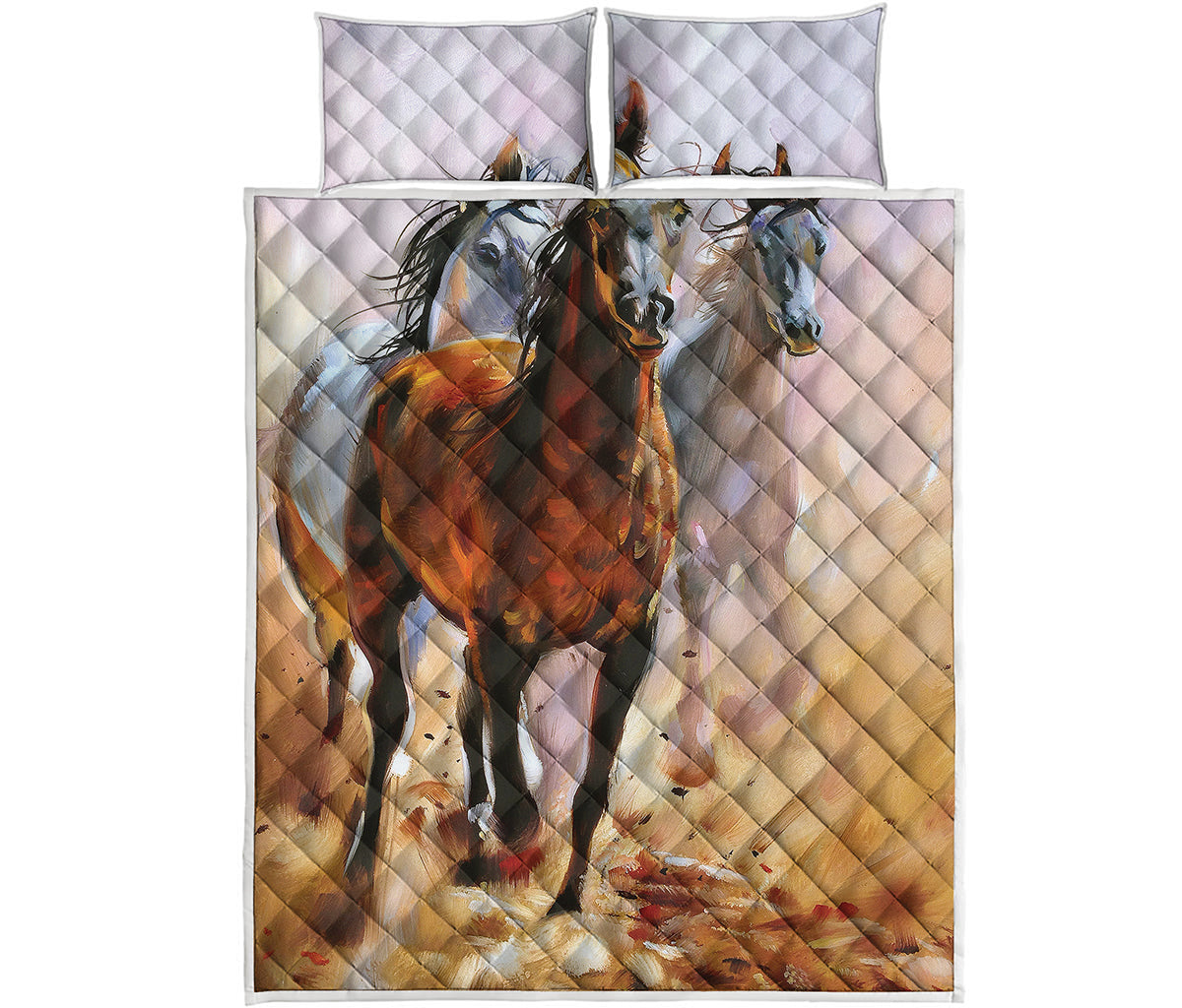 Running Horses Painting Print Quilt Bed Set