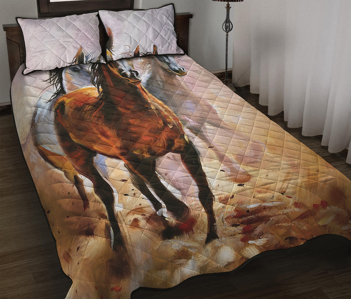 Running Horses Painting Print Quilt Bed Set