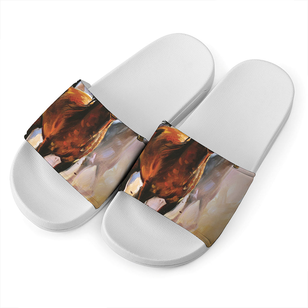 Running Horses Painting Print White Slide Sandals