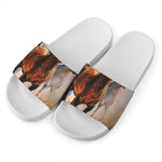Running Horses Painting Print White Slide Sandals