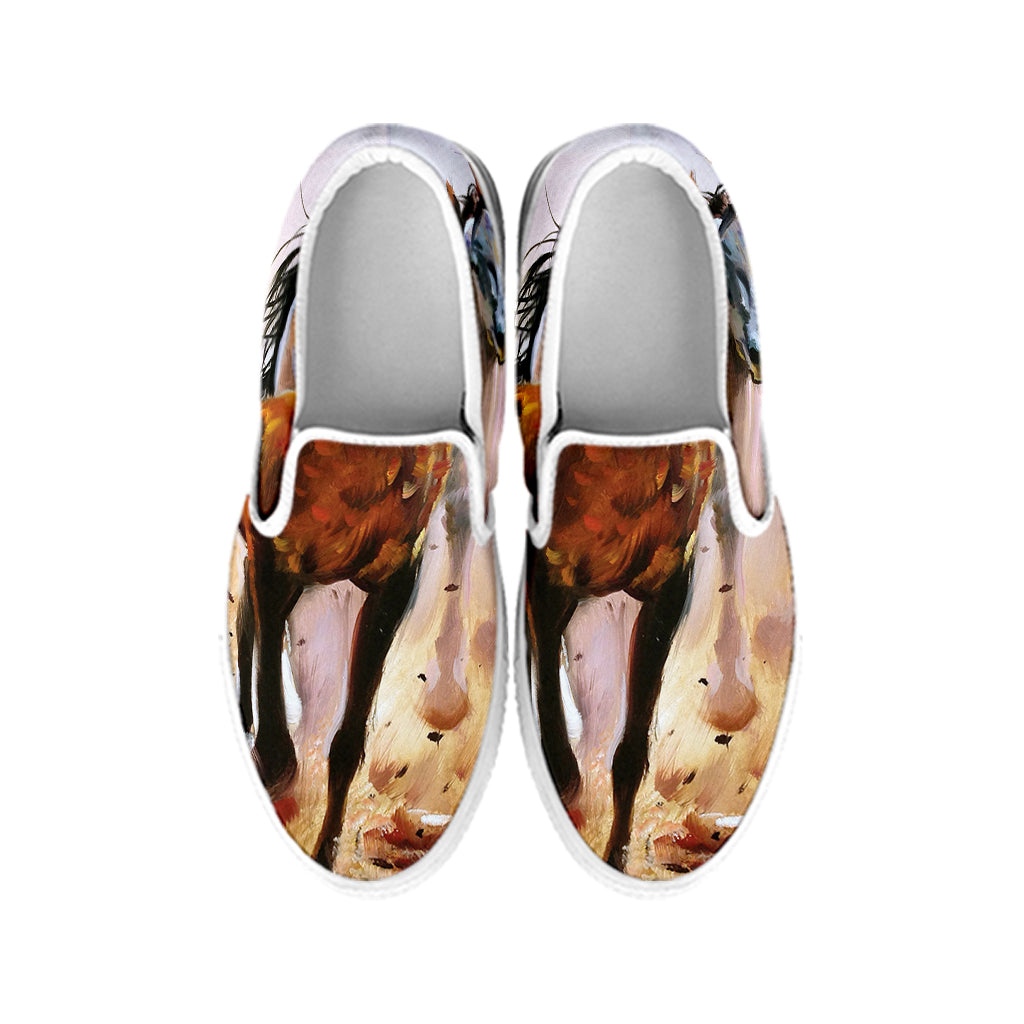 Running Horses Painting Print White Slip On Shoes