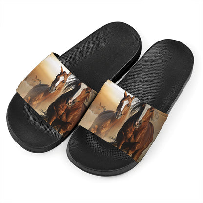 Running Wild Horses Print Black Slide Sandals