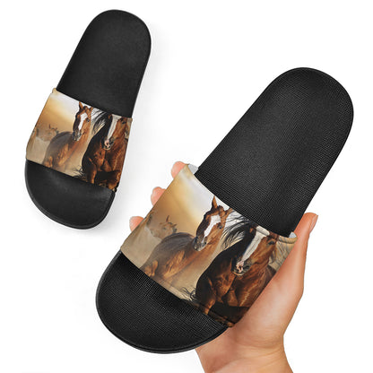 Running Wild Horses Print Black Slide Sandals