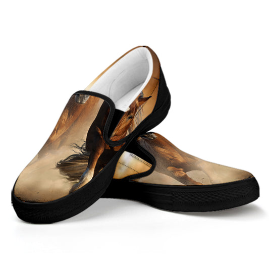 Running Wild Horses Print Black Slip On Shoes