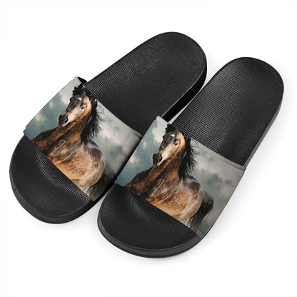 Running Wild Stallion Horse Print Black Slide Sandals