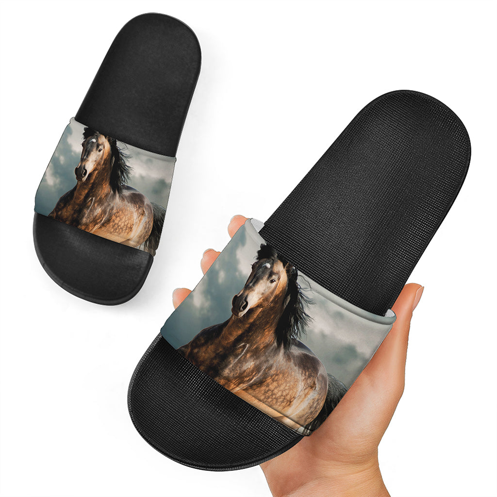 Running Wild Stallion Horse Print Black Slide Sandals
