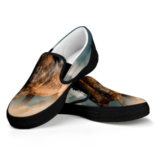 Running Wild Stallion Horse Print Black Slip On Shoes