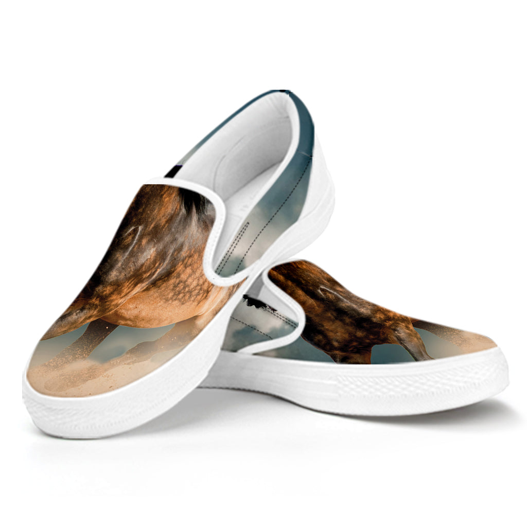 Running Wild Stallion Horse Print White Slip On Shoes