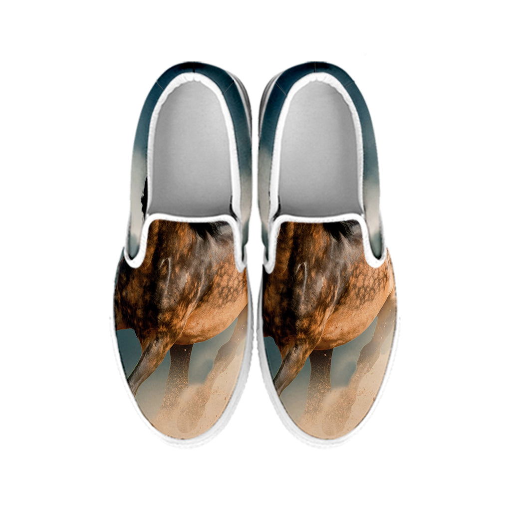 Running Wild Stallion Horse Print White Slip On Shoes