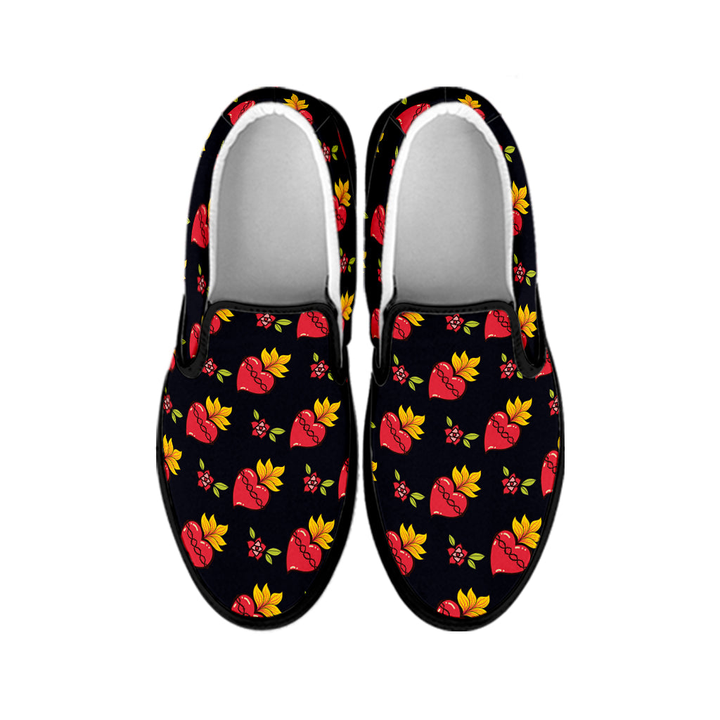 Sacred Heart Pattern Print Black Slip On Shoes
