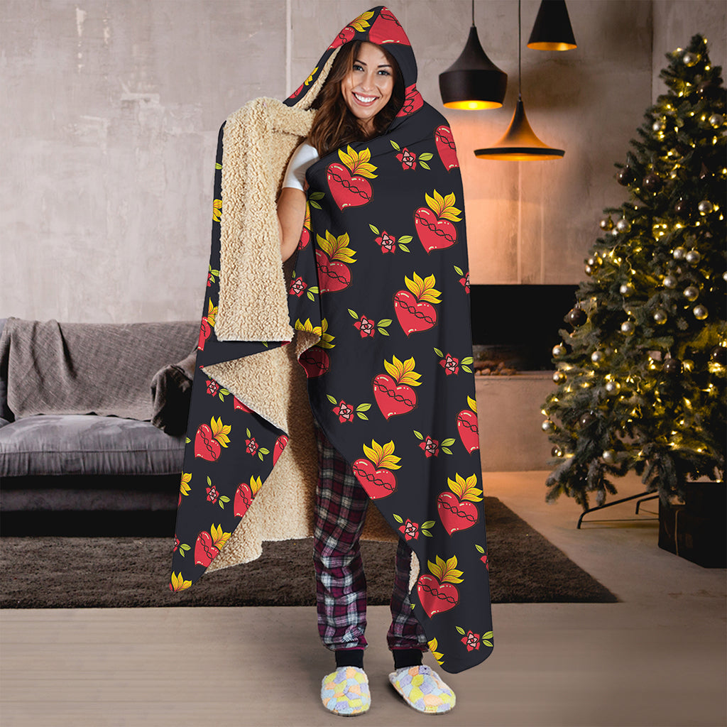 Sacred Heart Pattern Print Hooded Blanket