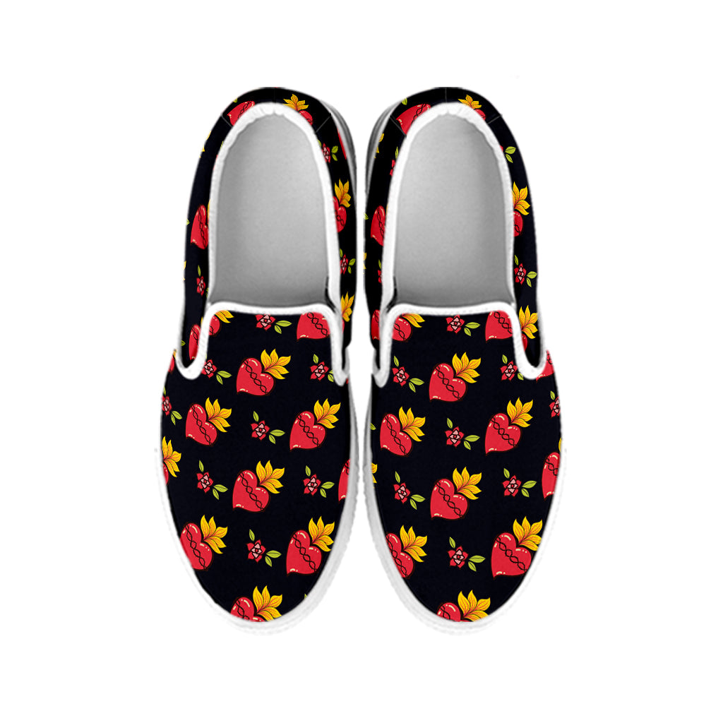 Sacred Heart Pattern Print White Slip On Shoes