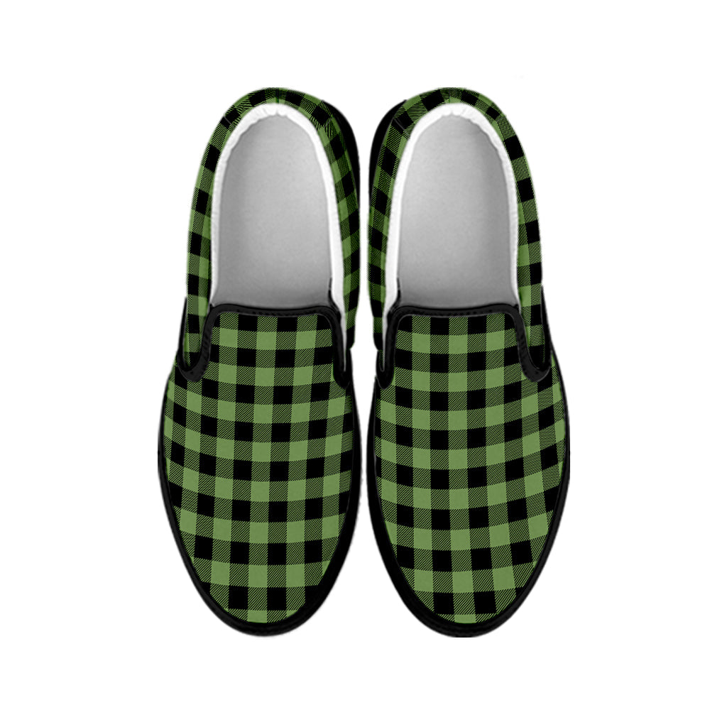 Sage Green Buffalo Check Pattern Print Black Slip On Shoes