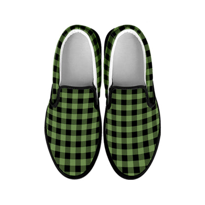 Sage Green Buffalo Check Pattern Print Black Slip On Shoes