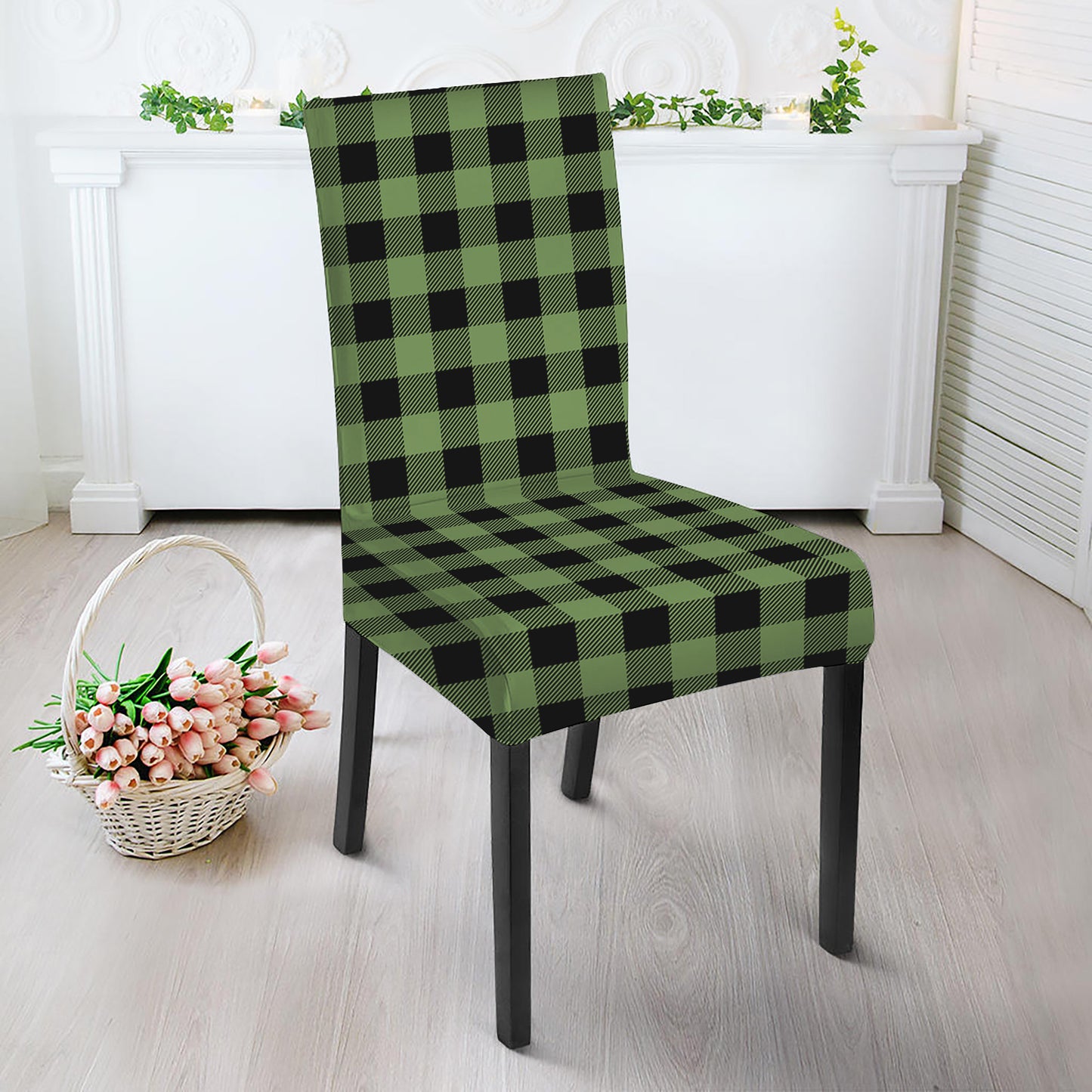Sage Green Buffalo Check Pattern Print Dining Chair Slipcover