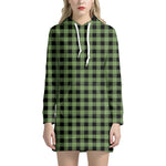 Sage Green Buffalo Check Pattern Print Hoodie Dress
